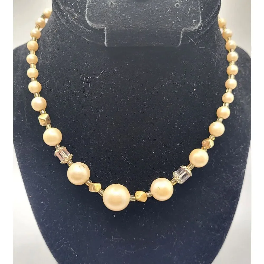 Vintage Hollywood Victorian Revival Faux Pearl Beaded Crystal Necklace 16in